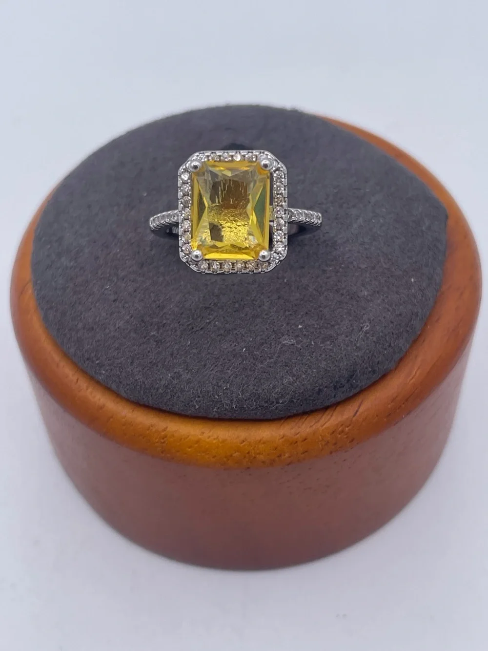 925 Sterling Silver Yellow CZ Halo Ring Emerald Cut Citrine Colored CZ size 5.5